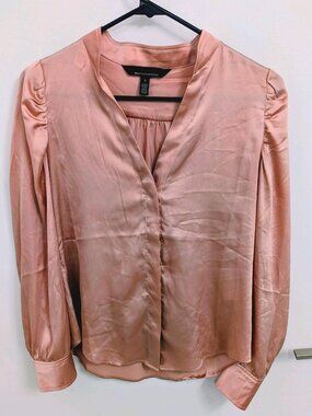 Pink Y-Neck Ruched Shoulder Button-Up Blouse WHBM Size 0